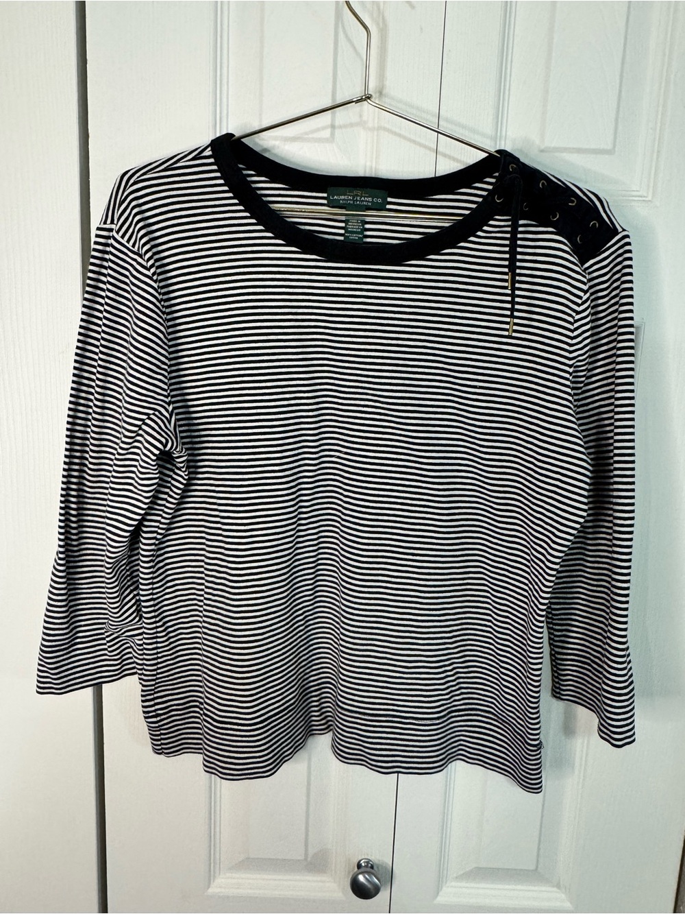 Lauren Ralph Lauren Blue & White Striped Lace-Up Shoulder Top